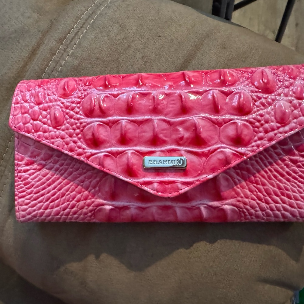 Brahmin Pink Wallet with Crocodile Embossed Texture and Flap Closure